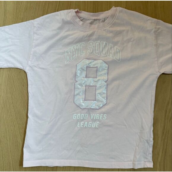 Zara Girls NYC Squad Good Vibes League Short Sleeve T-Shirt Pink Size 12-14 - Picture 1 of 11